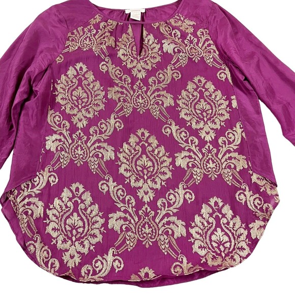 Sundance Blouse Renaissance Embroidered Silk Top Purple Gold Mixed Textures Sz M - Picture 3 of 15